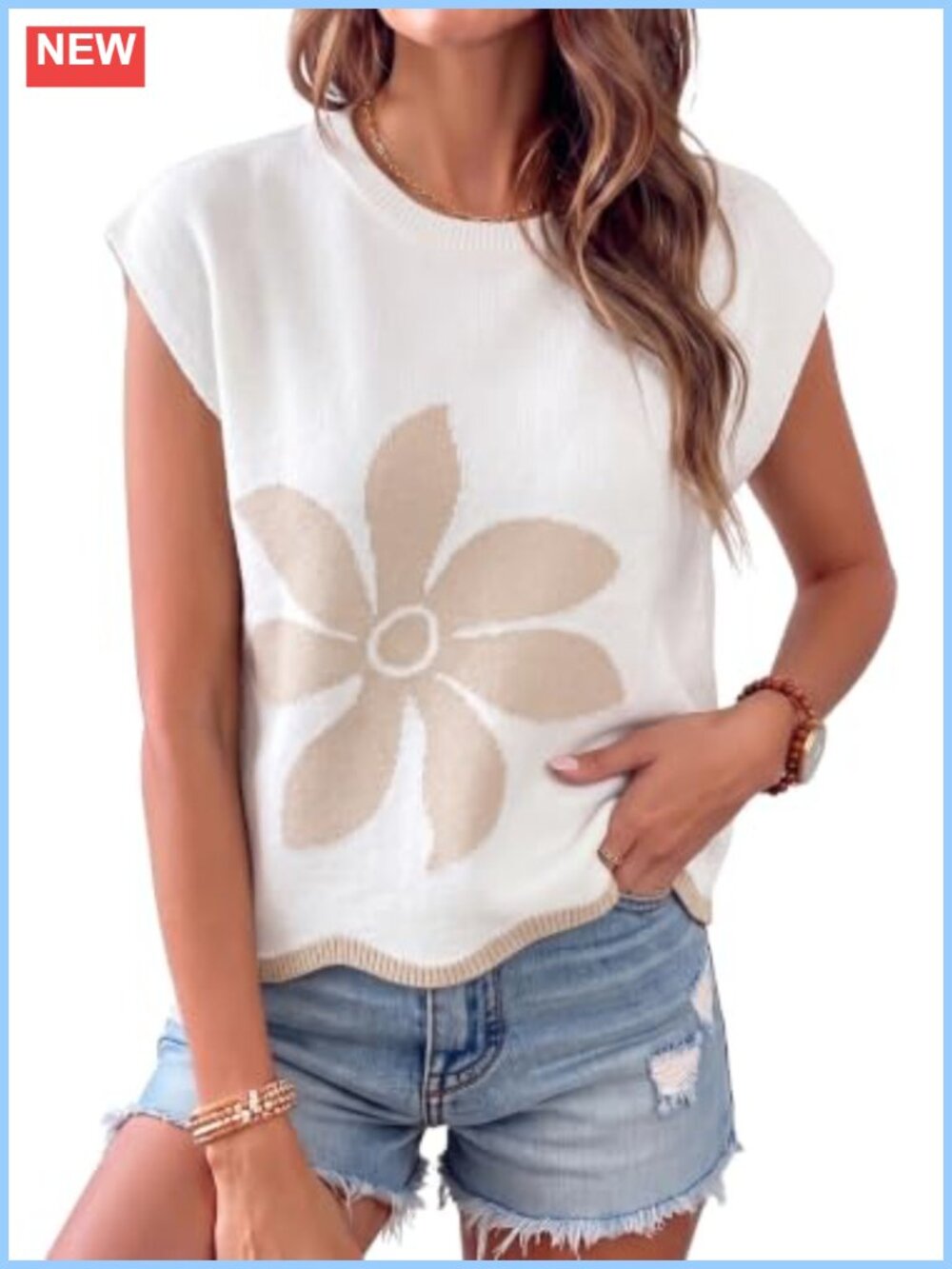 Floral Knit Sweater Vest Cap Sleeve Scalloped Hem Loose Fit